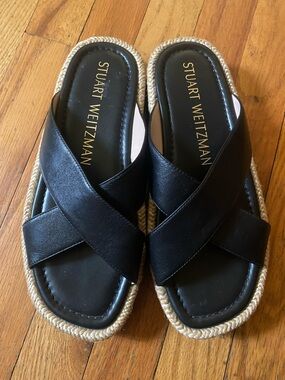 Stuart Weitzman Roza Lift Slide Sandals Black Leather Espadrille Size 7B EUC